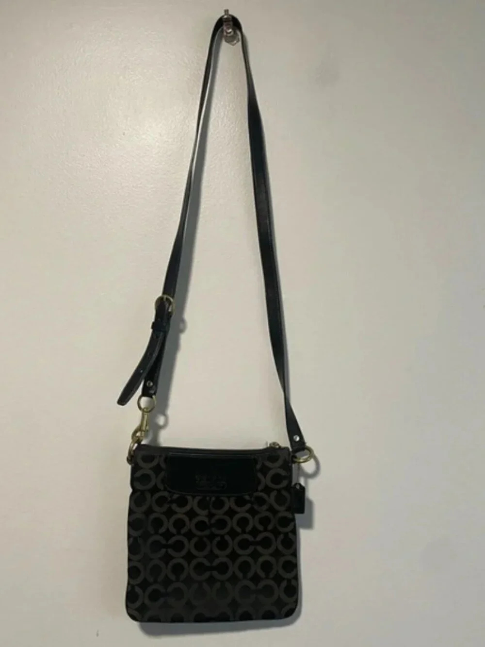 Coach Signature Black and Brown Jacquard Fabric  Crossbody Bag with Leather Trim